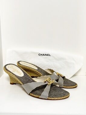 CHANEL Blue Striped Espadrille Wedge Sandals size 37.5